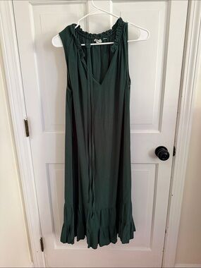 Fat Face Linen Deep Forest Green Sleeveless Maxi Dress with Ruffle Hem